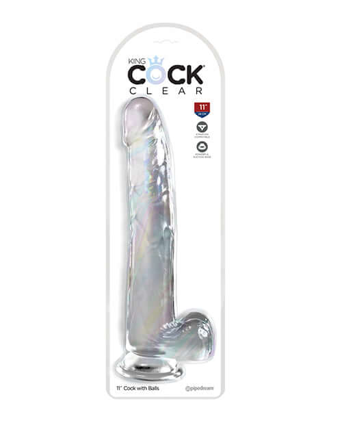 King Cock Clear 11 inches Dildo with Balls in packaging showing translucent design and realistic detailing