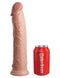 King Cock Elite 11 inches dual density dildo light skin tone next to red Pipedream can for size comparison.