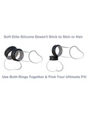 Fantasy C-Ringz Max Width Silicone Rings in black with text highlighting soft elite silicone and adjustable fit for optimal performance.