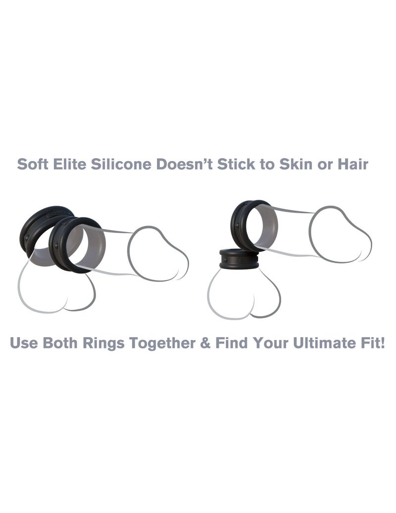 Fantasy C-Ringz Max Width Silicone Rings in black with text highlighting soft elite silicone and adjustable fit for optimal performance.
