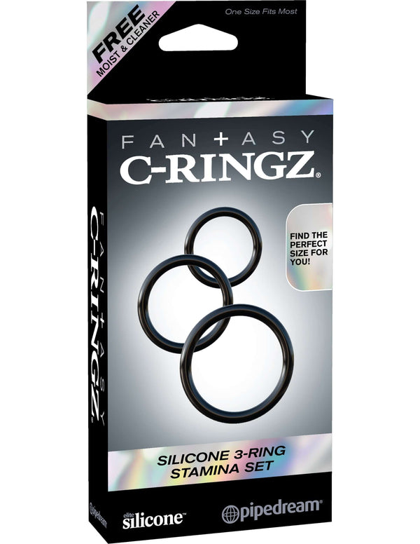 Fantasy C-Ringz Silicone 3-Ring Stamina Set Black - Ultimate beginner's cock ring kit for longer-lasting, rock-hard erections.