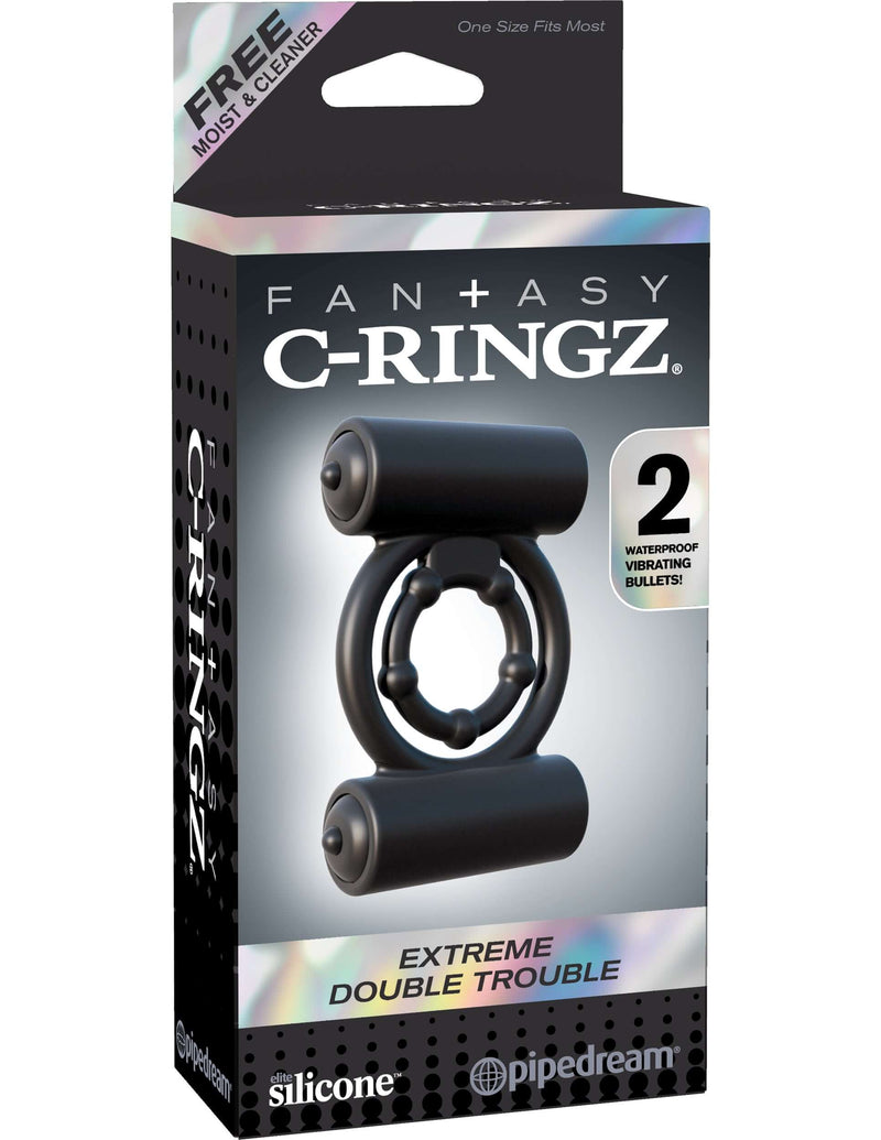 Fantasy C-Ringz Extreme Double Trouble Black packaging with dual vibrating bullets, body-safe silicone, and stamina ring.