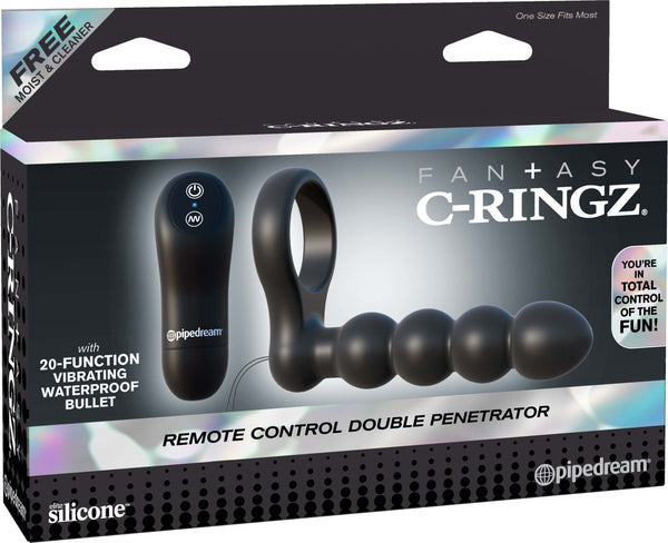Fantasy C-Ringz Remote Control Double Penetrator in packaging with remote control and vibrating waterproof bullet.