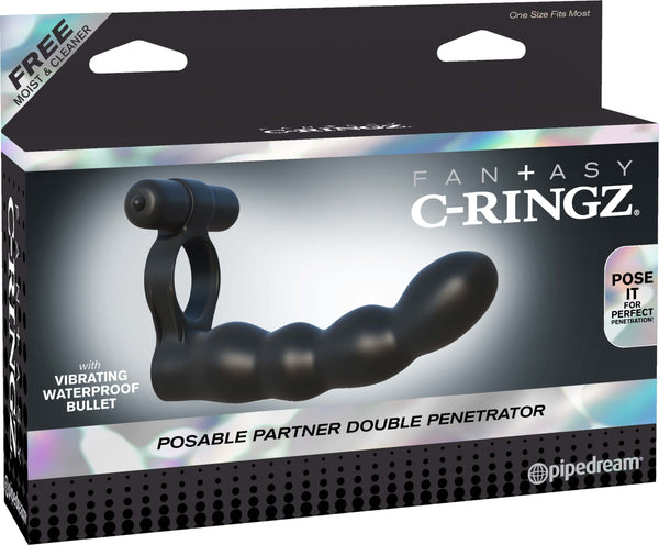 Fantasy C-Ringz Posable Partner Double Penetrator Black with vibrating waterproof bullet packaging.
