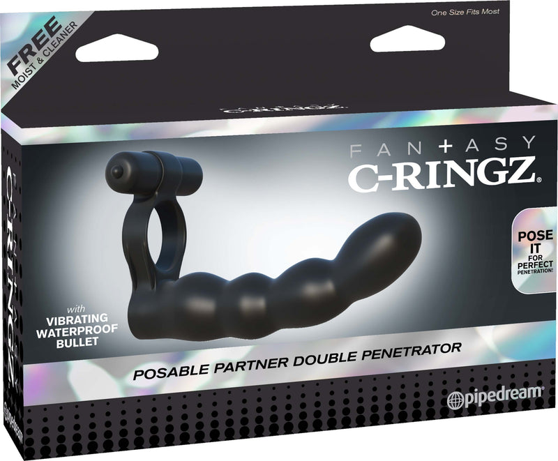 Fantasy C-Ringz Posable Partner Double Penetrator Black with vibrating waterproof bullet packaging.