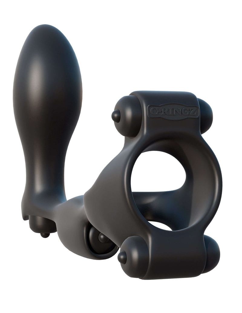 Fantasy C-Ringz Ultimate Ass Gasm Black - Deluxe 4-Vibrator Cock Ring & Prostate Plug for Couples in black color