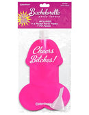 Collapsible pink pecker party flask for bachelorette parties by Pipedream Products, packaged with a funnel, featuring "Cheers Bitches!" text