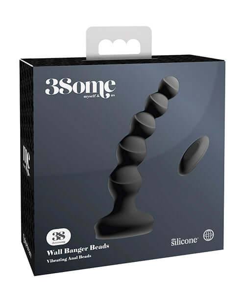 Threesome Wall Banger Beads in packaging, vibrating anal beads with removable magnetic remote control from Pipedream Products