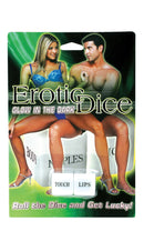 Glow in the Dark Erotic Dice packaging with illustrations of a couple and "Touch Lips" dice. Text: "Roll the Dice and Get Lucky!"