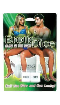 Glow in the dark erotic dice package showing a couple with dice indicating actions and body parts, perfect for intimate fun.