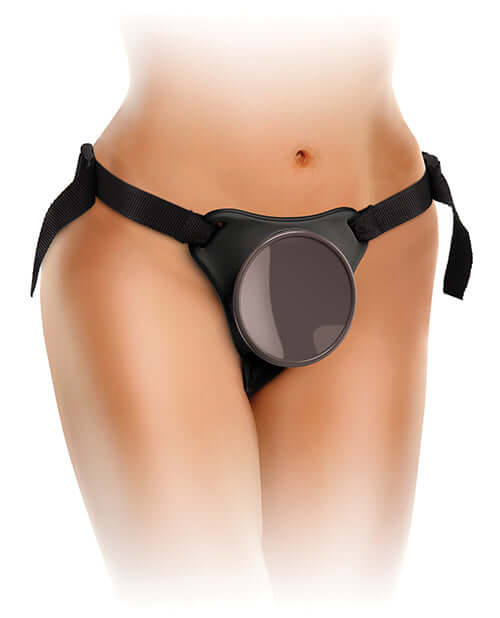 King Cock Elite Comfy Body Dock Strap On Harness with adjustable nylon straps, shown on a model's waist.