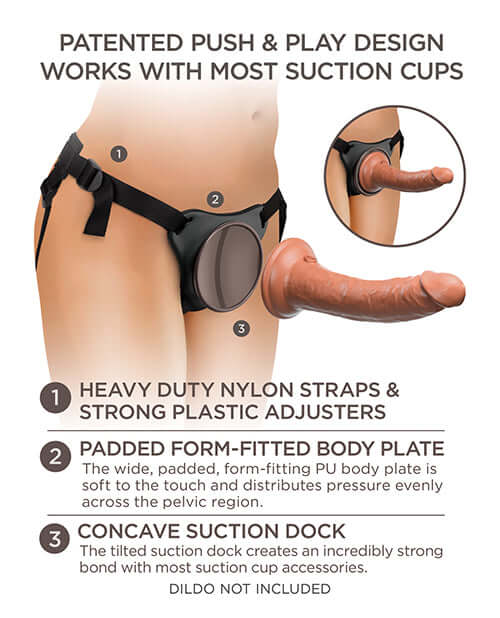 King Cock Elite Comfy Body Dock Strap On Harness with padded body plate, adjustable nylon straps, and concave suction dock for dildos