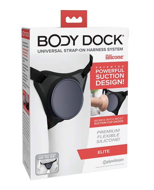 Box of Body Dock Elite Dock Universal Strap-On Harness System with patented powerful suction design showing premium flexible silicone