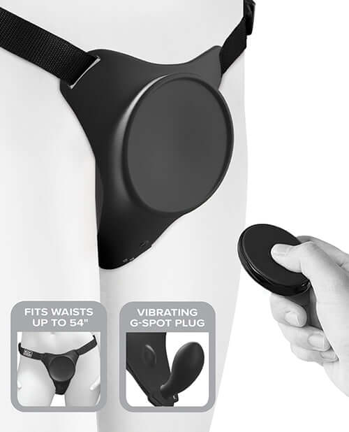 Body Dock G-Spot Pro Strap-On Harness with vibration feature, fits waists up to 54 inches, easy push and play suction design.