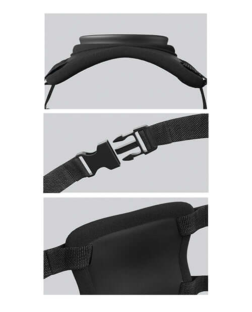 Close-up of the Body Dock Lap Strap Universal Thigh Strap-On showcasing docking plate, buckle, and adjustable strap sections