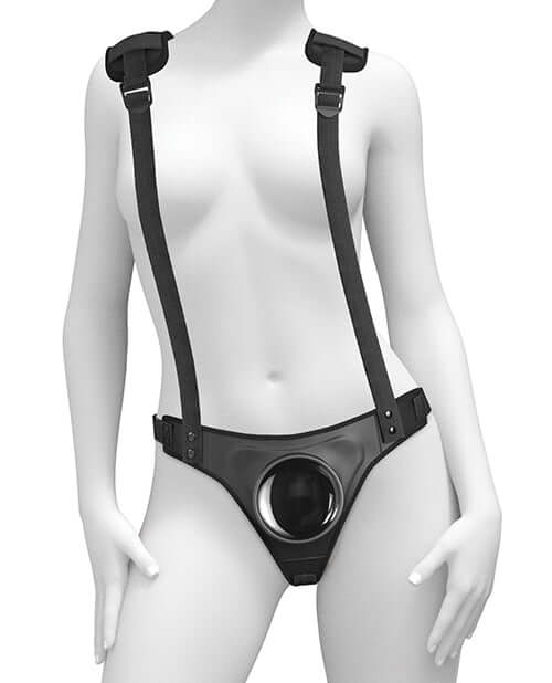 Body Dock Strap On Suspenders with Push and Play Suction Design shown on a mannequin for effortless strap-on play comfort and support.