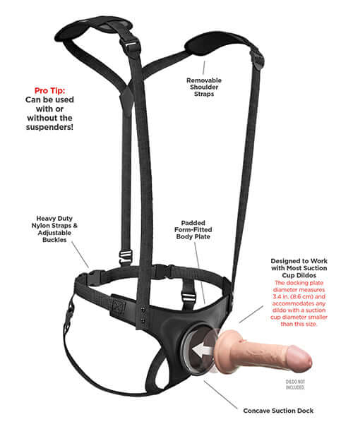 Body Dock Strap On Suspenders with Push and Play Patented Suction Design, featuring removable shoulder straps and adjustable buckles.