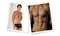 Shirtless male model showcasing muscular torso and washboard abs in two side-by-side photographs