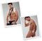 Two male models posing shirtless, one in black underwear with a tie, and one nude from the side, showcasing fitness and masculinity