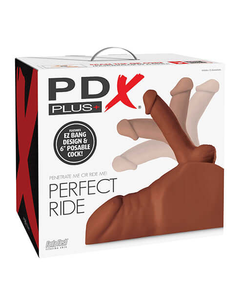 PDX Extreme Plus Perfect Ride Brown packaging with posable cock and EZ Bang design details
