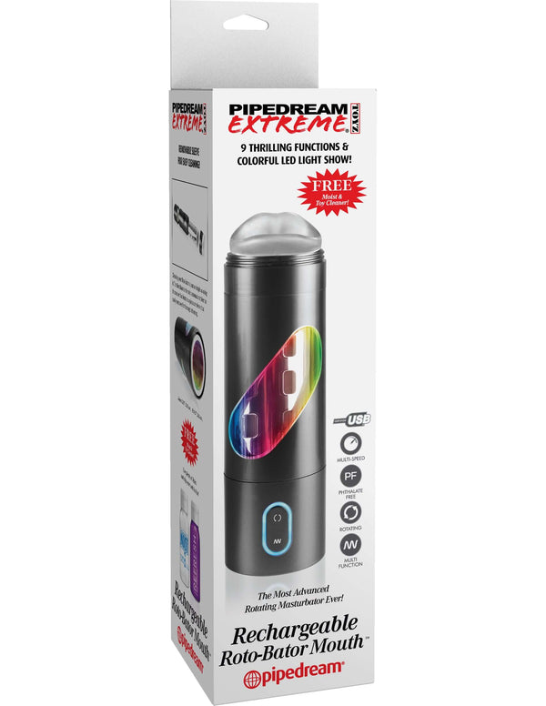 Pipedream Extreme Roto Bator Mouth Rechargeable - advanced rotating masturbator with 9 functions and LED light, in packaging