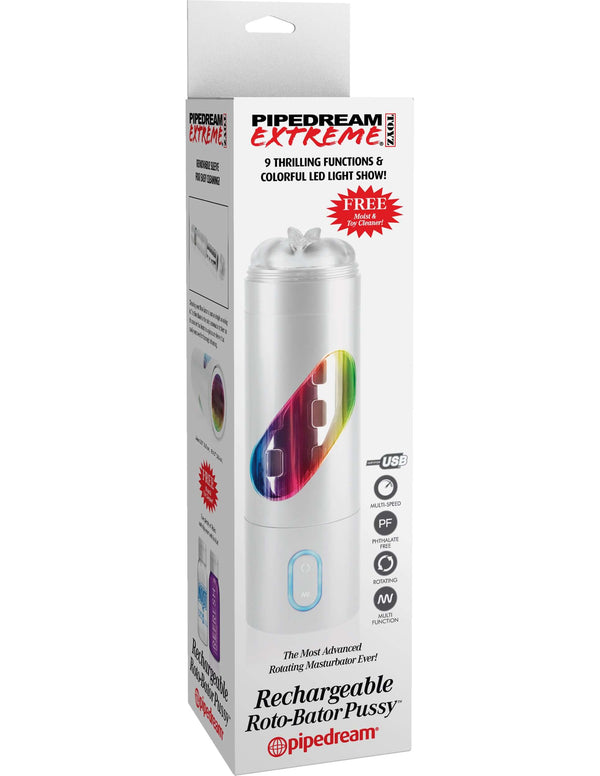 Pipedream Extreme Toyz Rechargeable Roto Bator Pussy in packaging with 9 functions and colorful LED light show