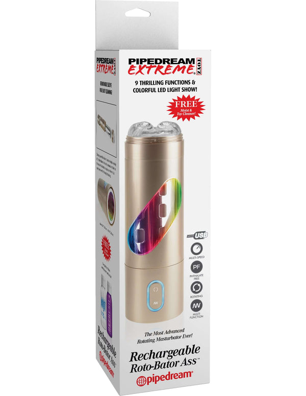 Pipedream Extreme Toyz Rechargeable Roto Bator Ass with advanced rotating functions and colorful LED light show in packaging