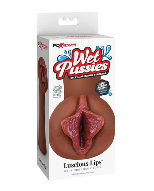 PDX Extreme Wet Pussies Luscious Lips Brown Pussy Stroker packaging display