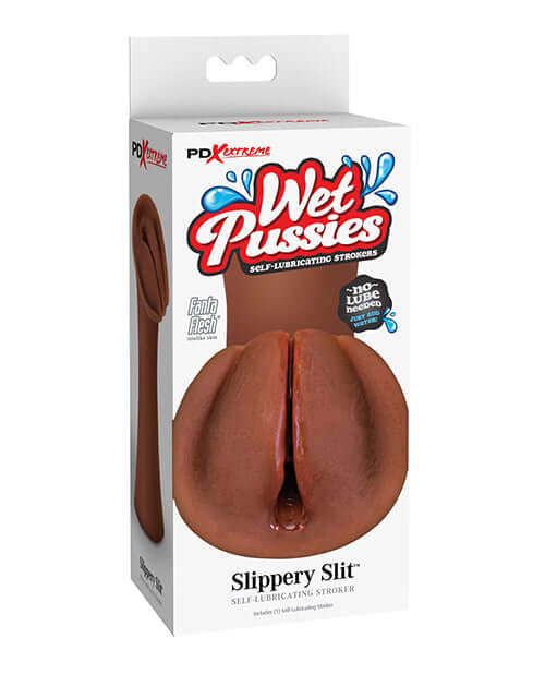 PDX Extreme Wet Pussies Slippery Slit Stroker Dark Skin Brown in packaging