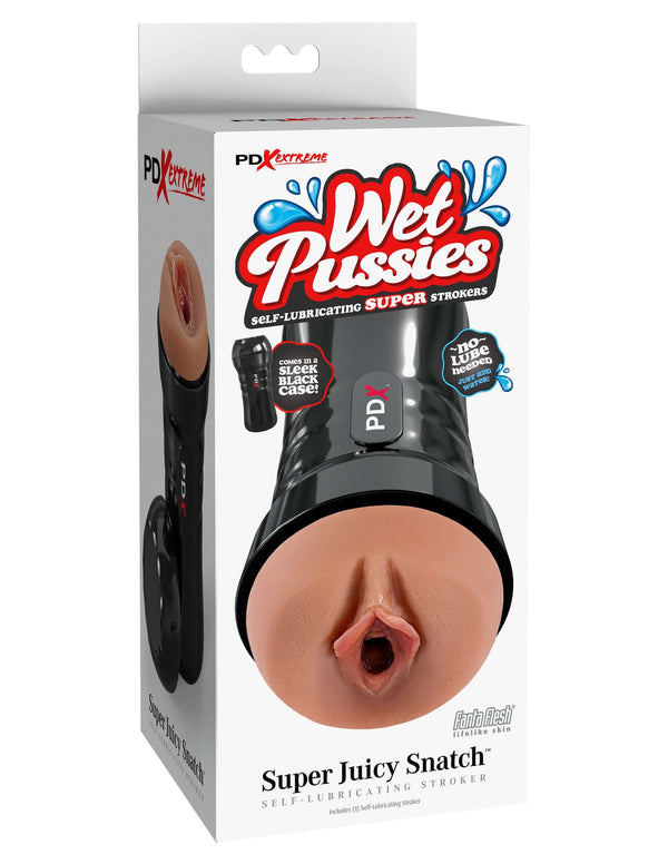 Pipedream Products PDX Extreme Wet Pussies Super Juicy Snatch Self-Lubricating Stroker in Dark Brown Packaging