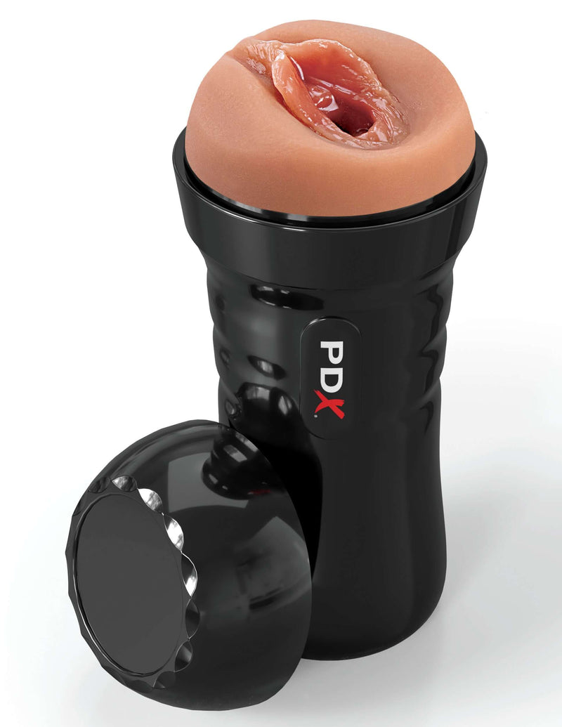 PDX Extreme Wet Pussies Super Juicy Snatch self-lubricating stroker in dark brown with ergonomic black case