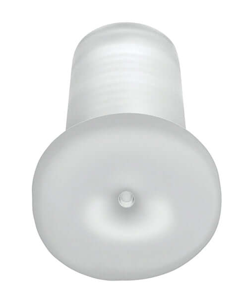 PDX Extreme Wet Stroker Frosted Clear Masturbator, self-lubricating with water, top view of pleasure sleeve for ultimate experience