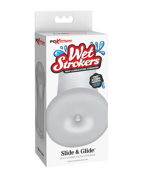 PDX Extreme Wet Stroker Slide and Glide Frosted Clear Masturbator in packaging