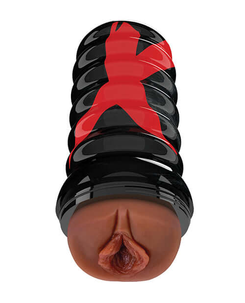 PDX Elite Air Tight Pussy Stroker with ribbed black case and brown sleeve for ultimate masturbation experience