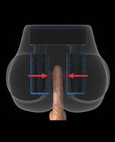 Diagram showcasing internal mechanisms and motor positions of PDX Elite Milk Me Silly Mega Masturbator Brown with a focus on gyration and vibration.