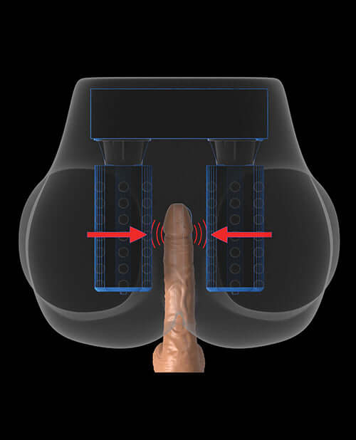 Diagram showcasing internal mechanisms and motor positions of PDX Elite Milk Me Silly Mega Masturbator Brown with a focus on gyration and vibration.
