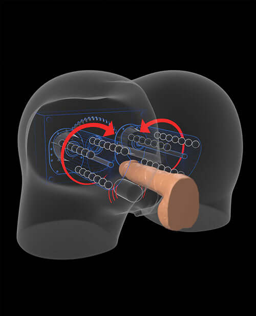 Diagram of the PDX Elite Milk Me Silly Mega Masturbator Brown with gyrating motors and vibrating bullet for maximum stimulation