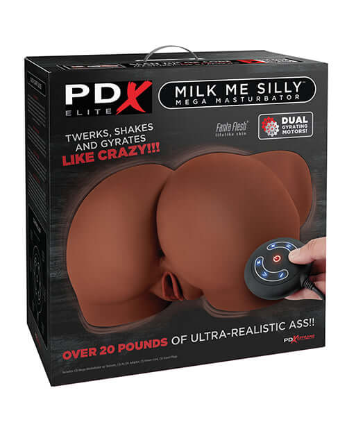 PDX Elite Milk Me Silly Mega Masturbator Brown packaging box showing gyrating butt design with dual motors and remote control.