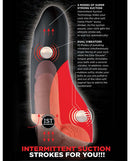 PDX Elite Fuck-O-Matic Stroker mastubator diagram with 5 modes of suction and dual vibrators for ultimate stroker experience