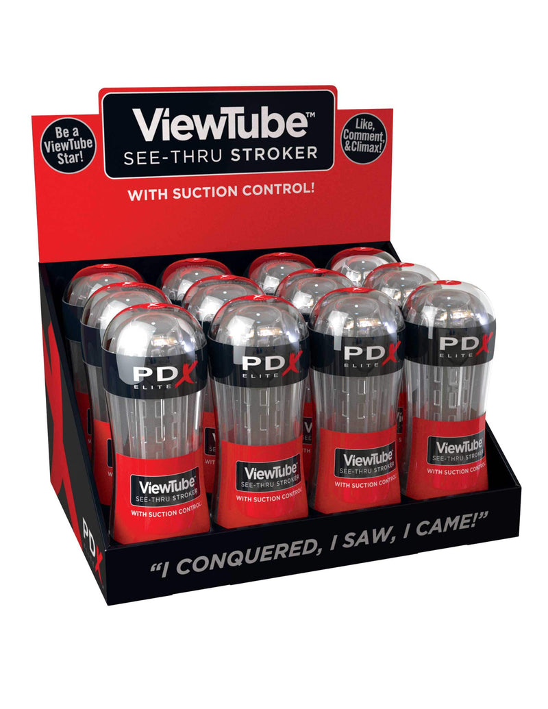 PDX Elite View Tube See Thru Stroker Display 12 Count with Suction Control from Pipedream Products in retail packaging.