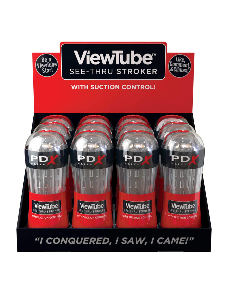 PDX Elite ViewTube See-Thru Stroker Display 12 Count with transparent sleeves, enhanced visual stimulation, and suction control from Pipedream Products.