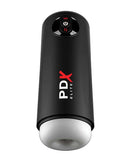 PDX Elite Moto Milker Penis Stroker with intermittent thrusting and powerful vibrations in a sleek black design for enhanced solo play.
