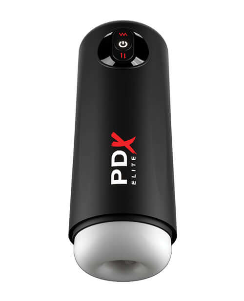 PDX Elite Moto Milker Penis Stroker with intermittent thrusting and powerful vibrations in a sleek black design for enhanced solo play.
