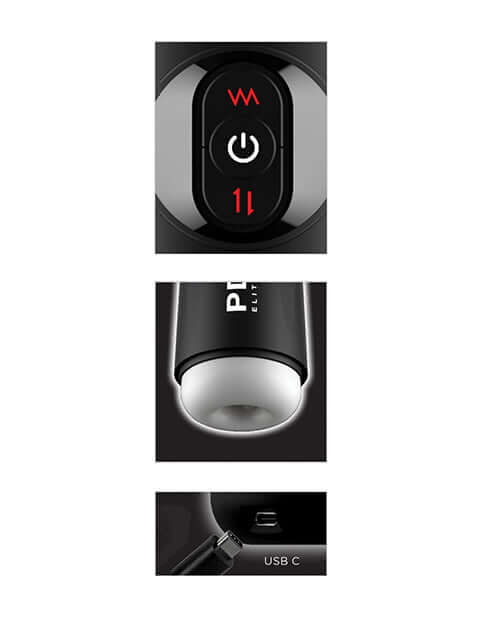 Control panel, mouth sleeve, and USB-C charging port of PDX Elite Moto Milker Penis Stroker by Pipedream Products.