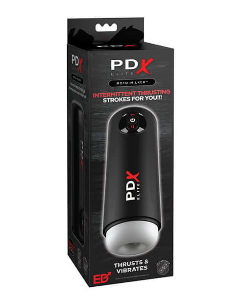 PDX Elite Moto Milker Penis Stroker Packaging with Intermittent Thrusting and Vibration Technology