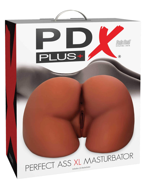 PDX Plus Perfect Ass XL Brown Masturbator packaging with realistic Fanta Flesh design.