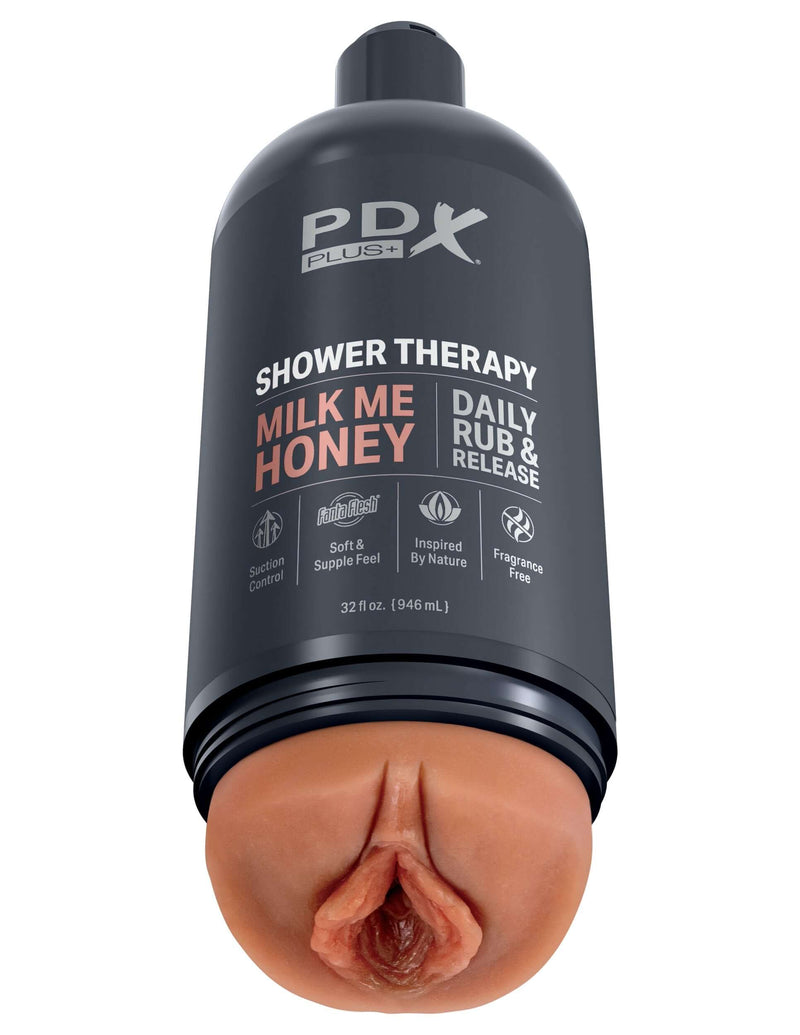 PDX Plus Discreet Stroker Shower Therapy in Milk Me Honey Tan resembling a shampoo bottle for luxury and pleasure by Pipedream Products