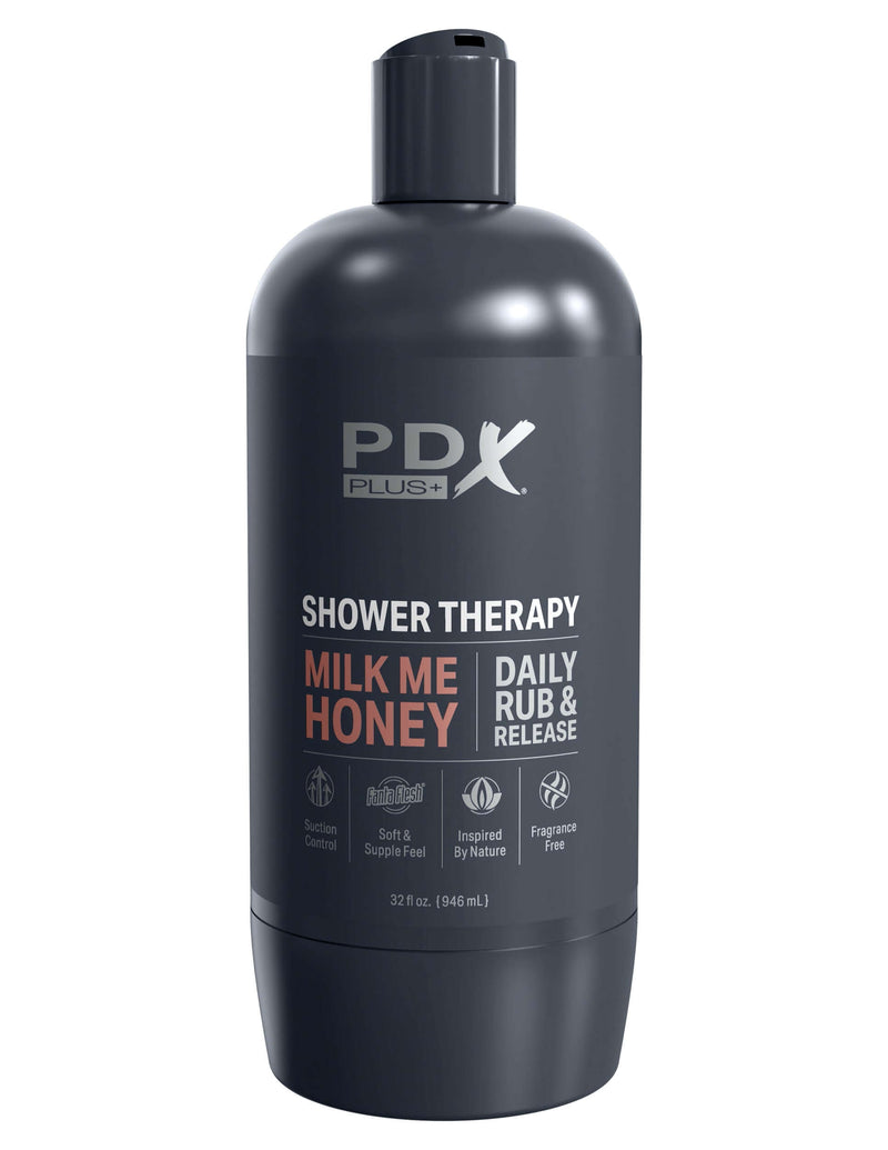 PDX Plus Discreet Stroker Shower Therapy Milk Me Honey Daily Rub and Release in black bottle