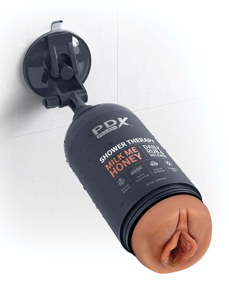 PDX Plus Discreet Stroker Shower Therapy in Tan with Milk Me Honey Daily Rub and Release, designed to resemble a shampoo bottle.