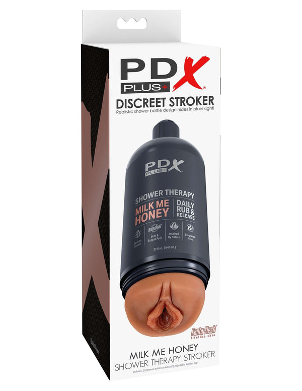 PDX Plus Discreet Stroker Shower Therapy in Tan, resembling a shampoo bottle with 'Milk Me Honey Daily Rub and Release' text.